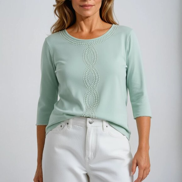 Alfred Dunner Tops - Alfred Dunner Lightweight Faux Pearl Studded Cotton Blend Top in Powder Blue